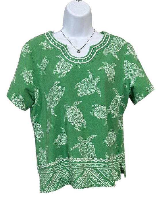 Alfred Dunner Tops - Alfred Dunner Women's Petite Large Sea Turtle Beaded Scoop Neck Top Green